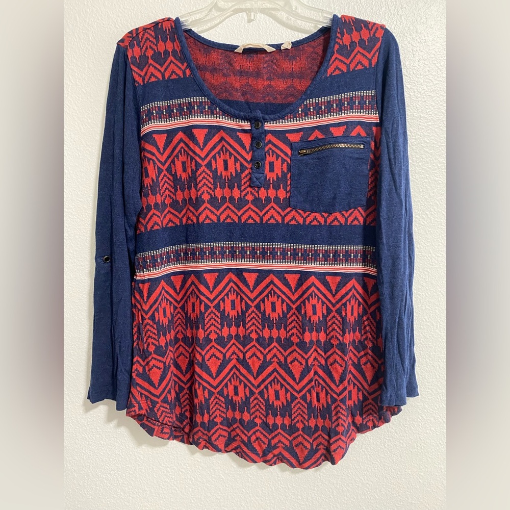Soft Surroundings Red & Blue Boho Aztec Top Roll Tab Sleeves sz XS-S MSRP $98